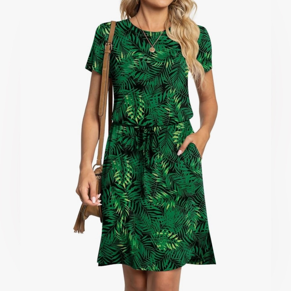 Tropical Print Casual Drawstring Green Dress